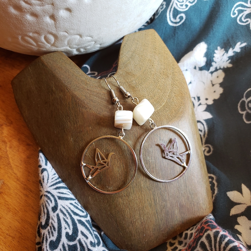 Handmade Japanese Origami Crane Round Earrings